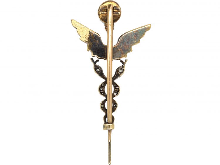 Edwardian 15ct Gold & Silver Caduceus Brooch set with Rose Diamonds, Turquoise & Natural Split Pearls