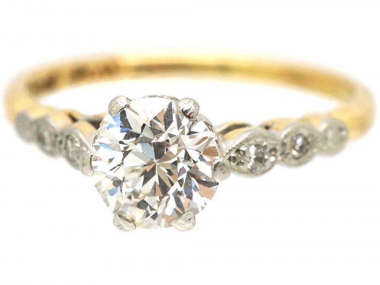 Art Deco 18ct Gold & Platinum Diamond Solitaire Ring with Diamond Set Shoulders