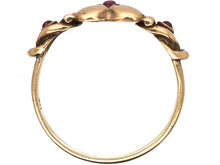 Early 20th Century 8ct Gold Ring with Heart & Knot Motif set with Cabochon Rubies