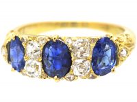 Victorian 18ct Gold, Three Stone Sapphire & Diamond Carved Half Hoop Ring