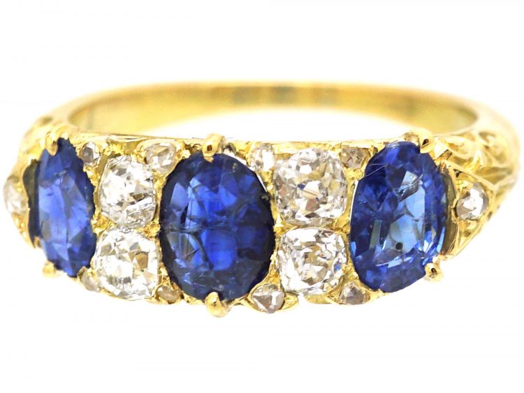 Victorian 18ct Gold, Three Stone Sapphire & Diamond Carved Half Hoop Ring
