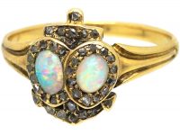 Victorian 18ct Gold, Opal & Rose Diamond Ring with Double Heart & Anchor Motif