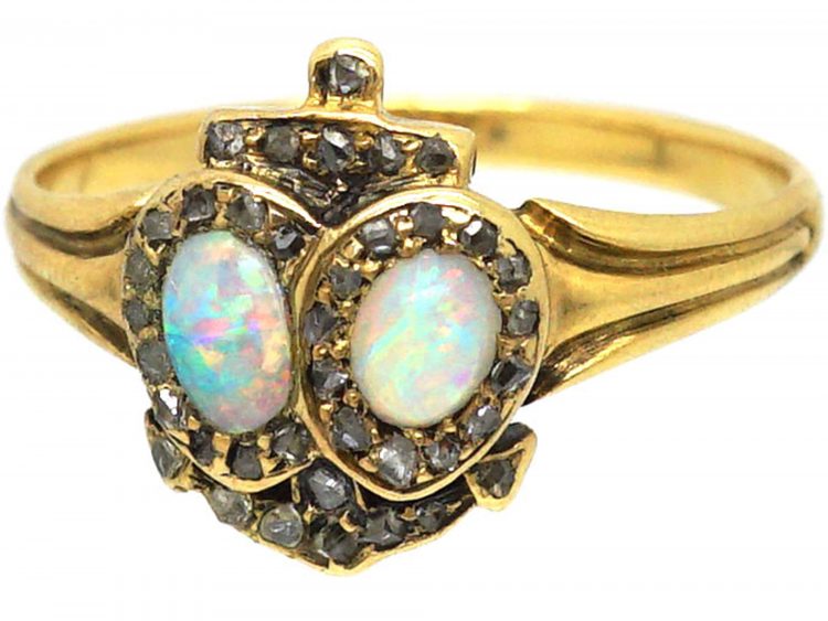 Victorian 18ct Gold, Opal & Rose Diamond Ring with Double Heart & Anchor Motif