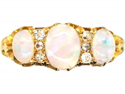 Edwardian 18ct Gold, Three Stone Opal & Diamond Ring by Deakin & Francis