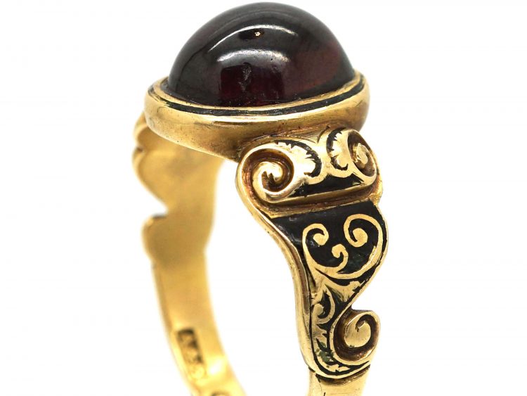 Victorian 18ct Gold, Black Enamel & Cabochon Garnet Mourning Ring