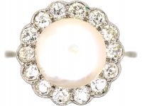 Art Deco Platinum, Natural Pearl & Diamond Cluster Ring