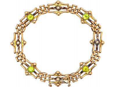 Edwardian 9ct Gold, Peridot & Natural Split Pearl Bracelet
