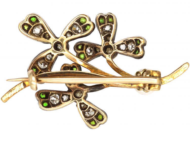Edwardian 15ct Gold & Silver, Three Leaf Clover, Green Garnet, Diamond & Natural Pearl Brooch