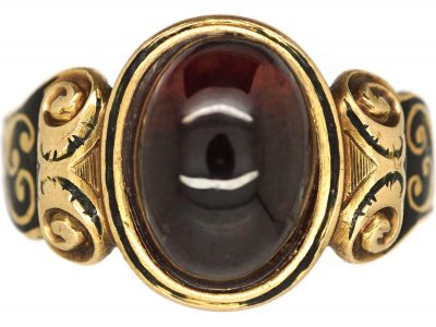 Victorian 18ct Gold, Black Enamel & Cabochon Garnet Mourning Ring