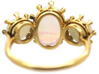 Edwardian 18ct Gold, Three Stone Opal Ring with Diamond Set Claws