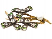 Edwardian 15ct Gold & Silver, Three Leaf Clover, Green Garnet, Diamond & Natural Pearl Brooch