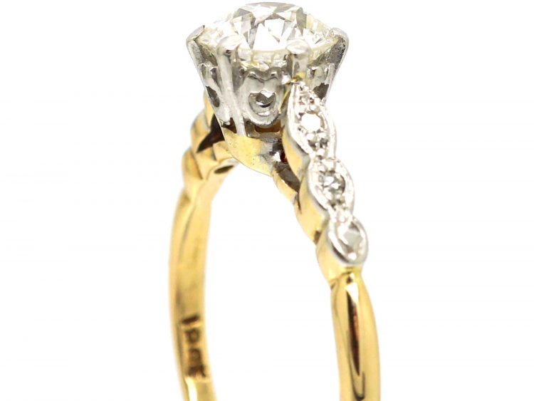 Art Deco 18ct Gold & Platinum Diamond Solitaire Ring with Diamond Set Shoulders