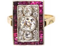 Art Deco 18ct Gold & Platinum, Diamond & Calibre Ruby Rectangular Shaped Ring