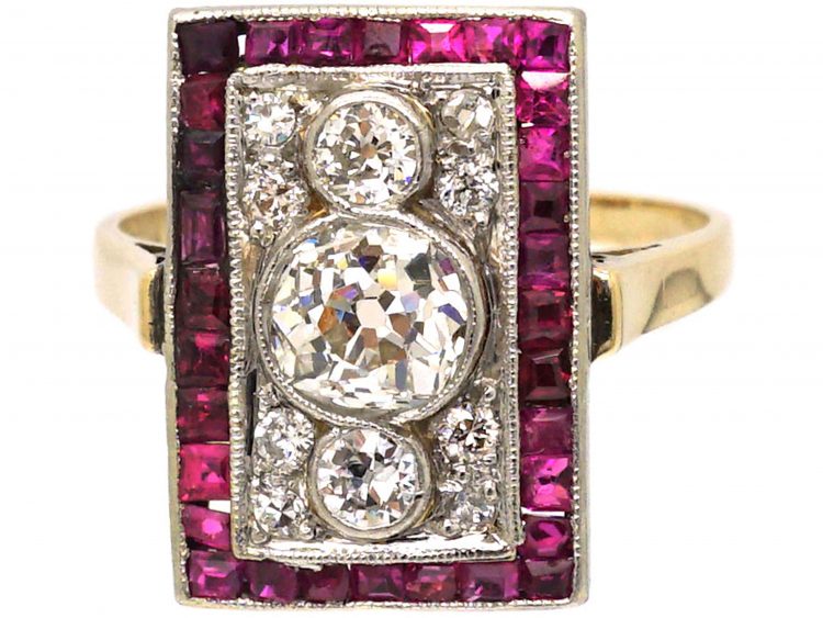 Art Deco 18ct Gold & Platinum, Diamond & Calibre Ruby Rectangular Shaped Ring