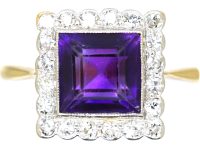 Art Deco 18ct Gold & Platinum, Amethyst & Diamond Square Ring