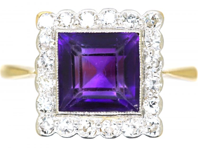 Art Deco 18ct Gold & Platinum, Amethyst & Diamond Square Ring