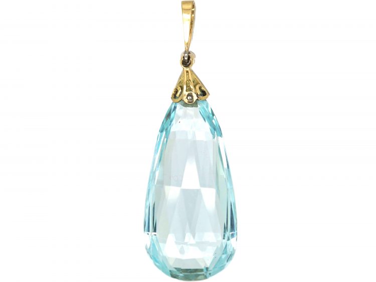 Art Deco 15ct Gold & Platinum , Large Aquamarine & Rose Diamond Pendant