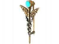 Edwardian 15ct Gold & Silver Caduceus Brooch set with Rose Diamonds, Turquoise & Natural Split Pearls