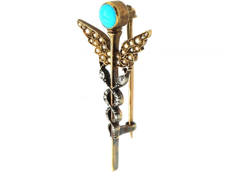 Edwardian 15ct Gold & Silver Caduceus Brooch set with Rose Diamonds, Turquoise & Natural Split Pearls