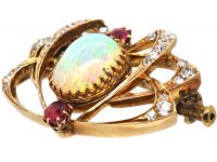 Art Nouveau 18ct Gold Spider Brooch set with an Opal, Rubies & Diamonds