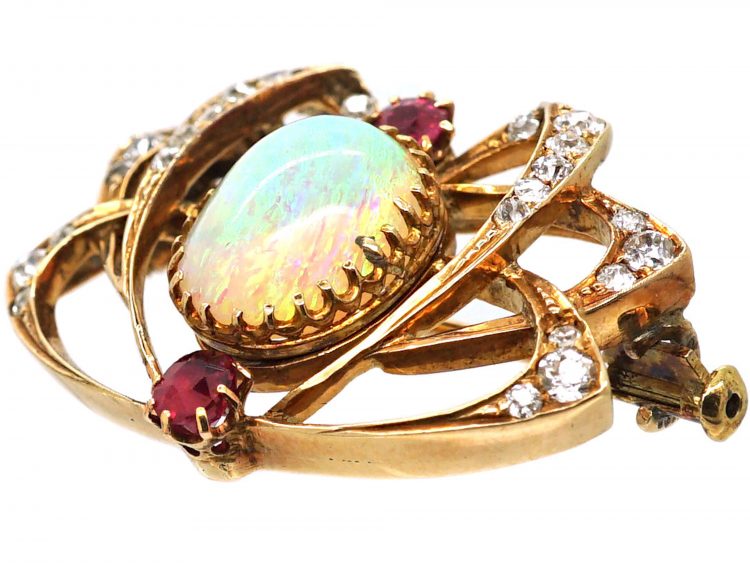 Art Nouveau 18ct Gold Spider Brooch set with an Opal, Rubies & Diamonds