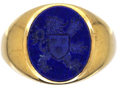 Mid 20th Century 9ct Gold & Lapis Signet Ring with Intaglio of a Lion