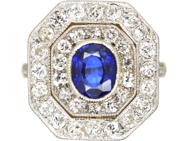 Art Deco 18ct Gold & Platinum, Sapphire & Diamond Octagonal Shaped Ring