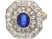 Art Deco 18ct Gold & Platinum, Sapphire & Diamond Octagonal Shaped Ring