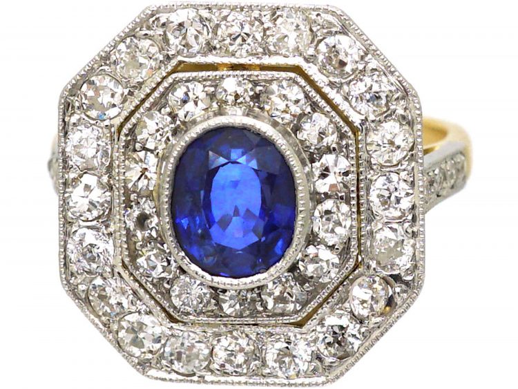 Art Deco 18ct Gold & Platinum, Sapphire & Diamond Octagonal Shaped Ring