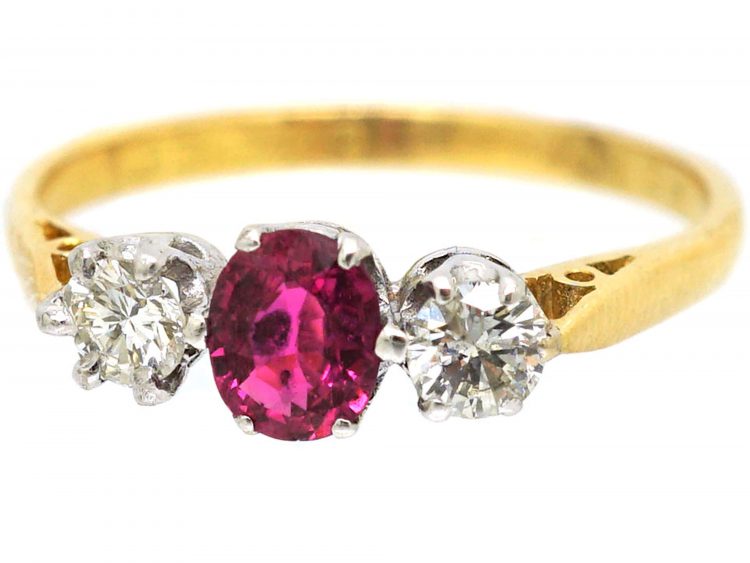 18ct Gold, Three Stone Ruby & Diamond Ring