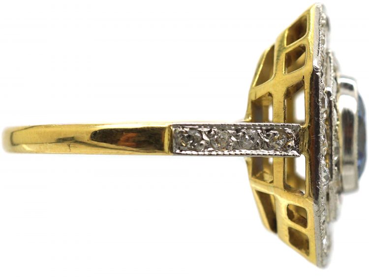 Art Deco 18ct Gold & Platinum, Sapphire & Diamond Octagonal Shaped Ring