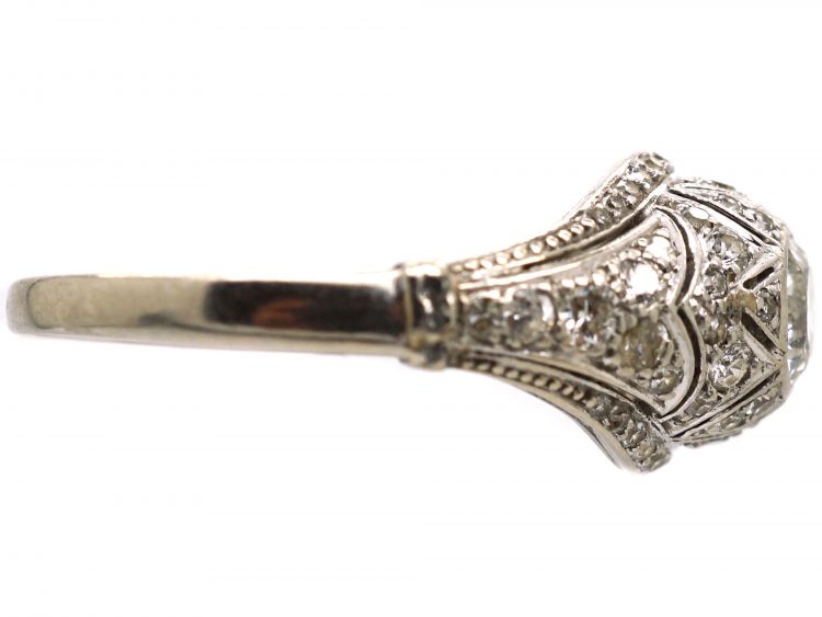 Art Deco 18ct White Gold Ring set with a Half Carat Diamond with ornate Small Diamond set Detail