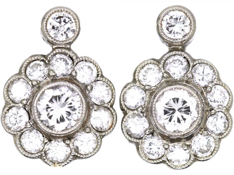 Art Deco 14ct White & Yellow Gold Diamond Daisy Cluster Earrings