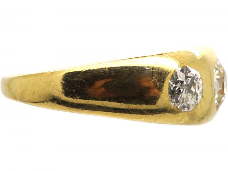 Victorian 18ct Gold, Three Stone Old Mine Cut Diamond Rub Over Set Ring