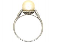 Art Deco 18ct White Gold, Cultured Pearl Ring with Baguette Diamond Shoulders