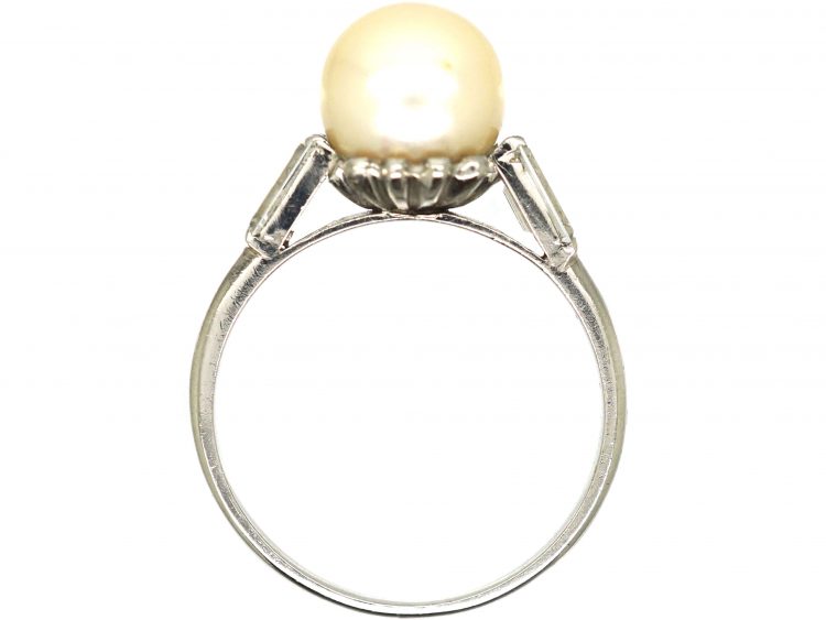 Art Deco 18ct White Gold, Cultured Pearl Ring with Baguette Diamond Shoulders