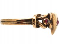 Early 20th Century 8ct Gold Ring with Heart & Knot Motif set with Cabochon Rubies