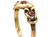 Early 20th Century 8ct Gold Ring with Heart & Knot Motif set with Cabochon Rubies
