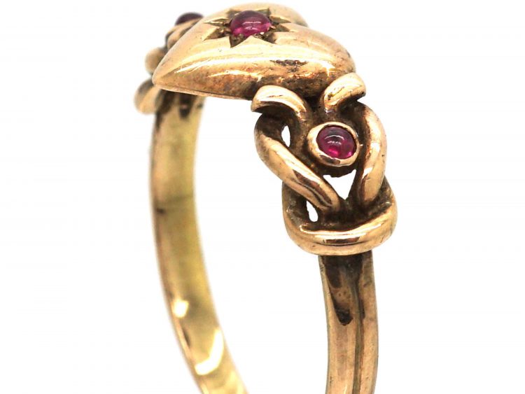 Early 20th Century 8ct Gold Ring with Heart & Knot Motif set with Cabochon Rubies