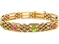 Edwardian 15ct Gold, Pink Tourmaline & Peridot Gate Bracelet