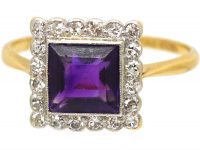 Art Deco 18ct Gold & Platinum, Amethyst & Diamond Square Ring