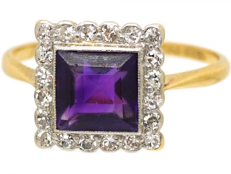 Art Deco 18ct Gold & Platinum, Amethyst & Diamond Square Ring