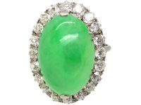 Art Deco Large Platinum, Cabochon Jade & Diamond Oval Cluster Ring