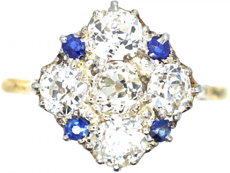 Retro 18ct Gold & Platinum, Diamond & Sapphire Cluster Ring