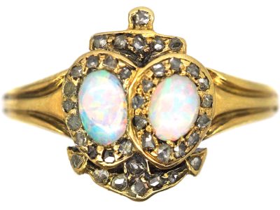 Victorian 18ct Gold, Opal & Rose Diamond Ring with Double Heart & Anchor Motif
