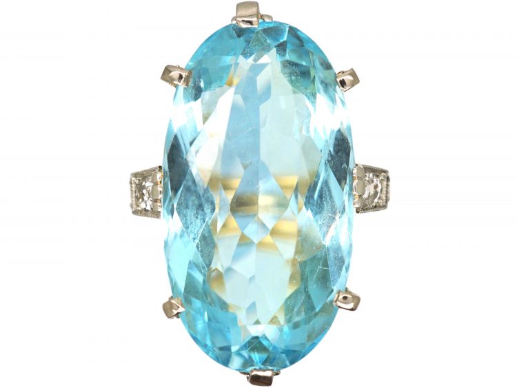 Art Deco 14ct Gold & Platinum, Large Oval Cut Aquamarine Ring with Diamond Set Shoulders