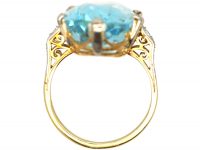Art Deco 14ct Gold & Platinum, Large Oval Cut Aquamarine Ring with Diamond Set Shoulders