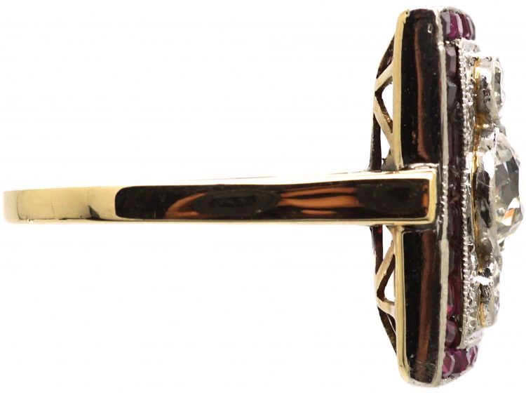 Art Deco 18ct Gold & Platinum, Diamond & Calibre Ruby Rectangular Shaped Ring