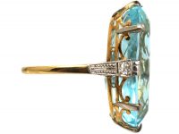 Art Deco 14ct Gold & Platinum, Large Oval Cut Aquamarine Ring with Diamond Set Shoulders
