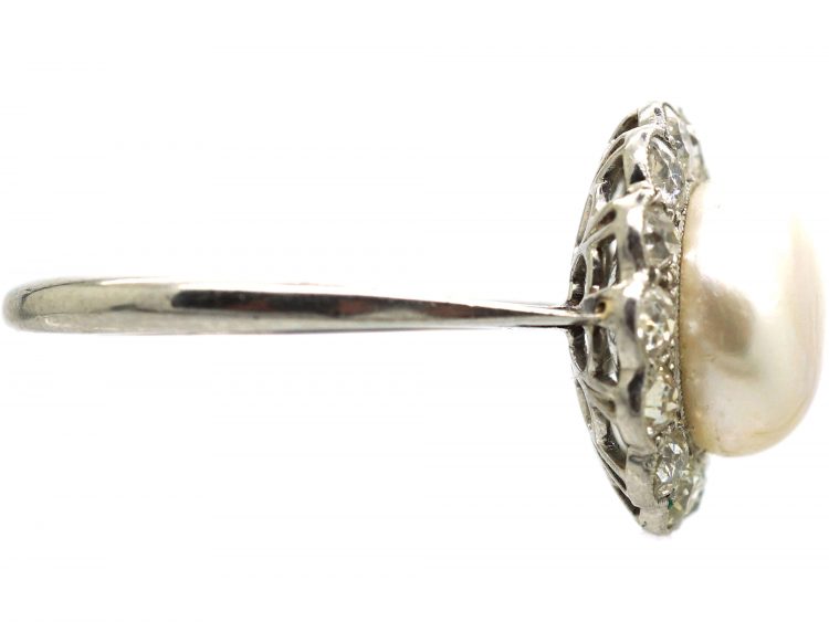 Art Deco Platinum, Natural Pearl & Diamond Cluster Ring